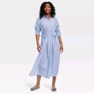 Universal Thread Stripe Cotton Midi Maxi Shirt Dress Cinched Waist Medium